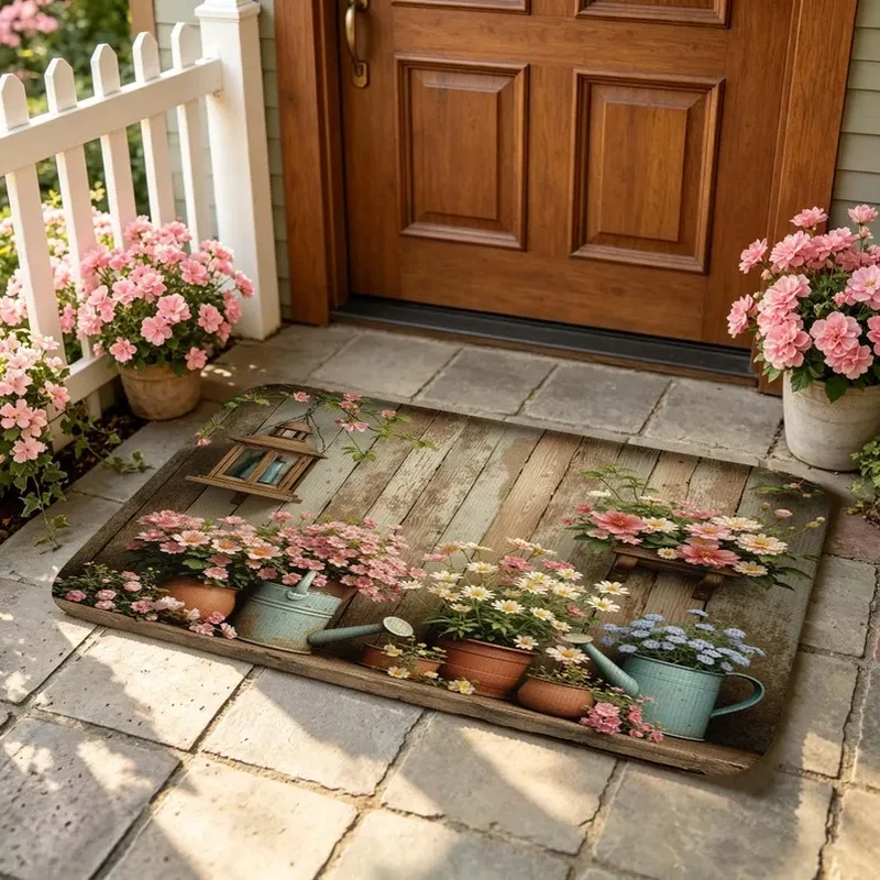 VIKAMA Vintage Farmhouse Potted Flower Doormat Non-Slip Absorbent Entryway Mat for Kitchen Bathroom Home Decor