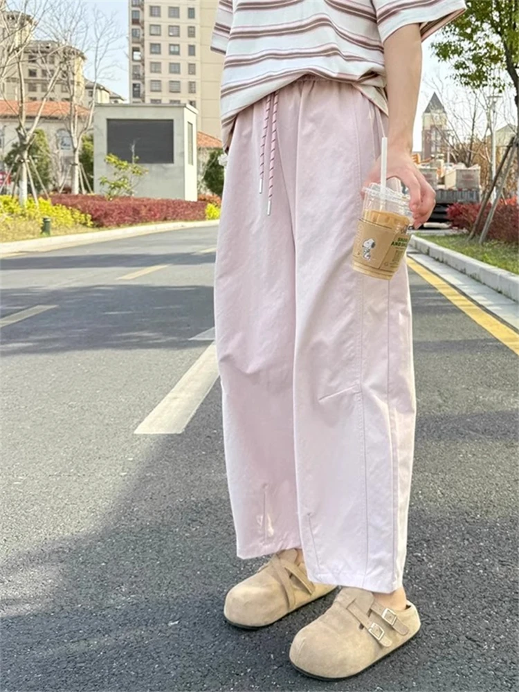 

Pink Balloon Pants Women's Casual Style plus Size Slimming Wide Leg Trousers Korean Style High Waist Nine Points Pants