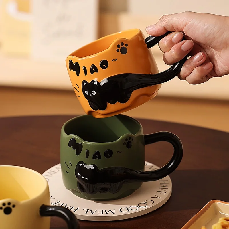 4 Color Embossed Kitten Cat Mug High Value Mug Cute Creative Couple Water Cup Ceramic Office Coffee Mug