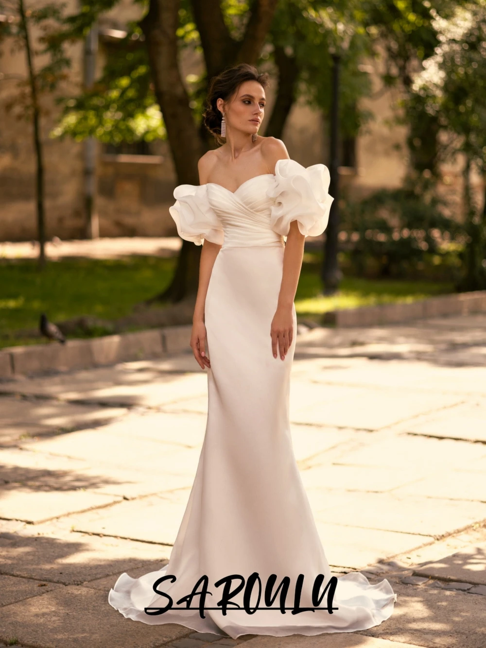 

Romantic Ruffled Sleeves Wedding Dress, Simple Satin Mermaid Bride Wear, Sweet Vintage Floor-length Bridal Gown, Customized