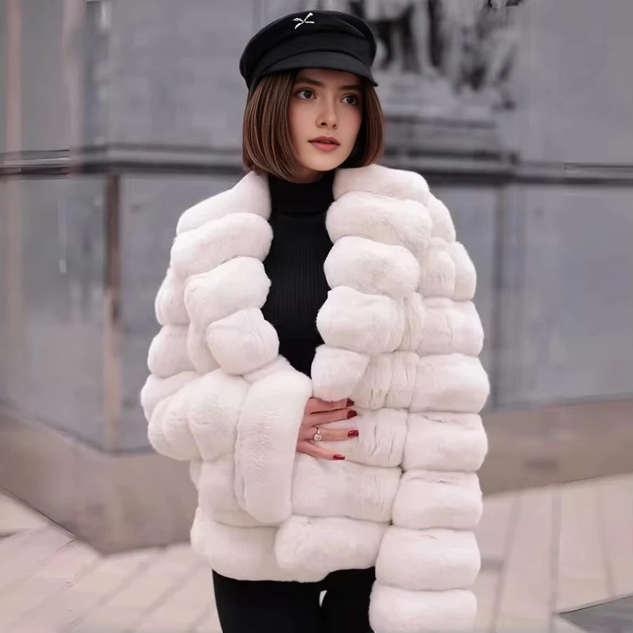 

Women Winter Jacket With Natural Fur Warm Ladies Short Overcoat Real Rabbit Fur Coats White