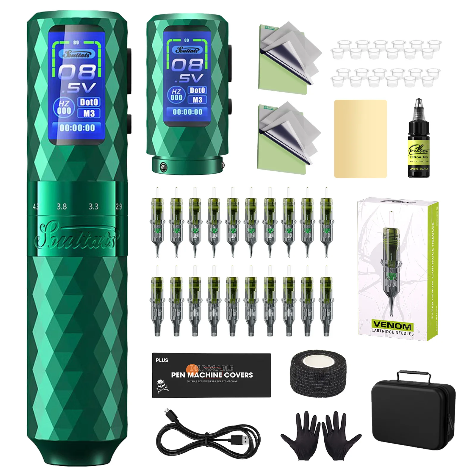 

Soultats Tattoo Gun Kit 6 Strokes 2.5-4.8mm Tattoo Machine Pen Extra 1600mAh Battery Power Supply 20Pcs Tattoo Cartridge Needles