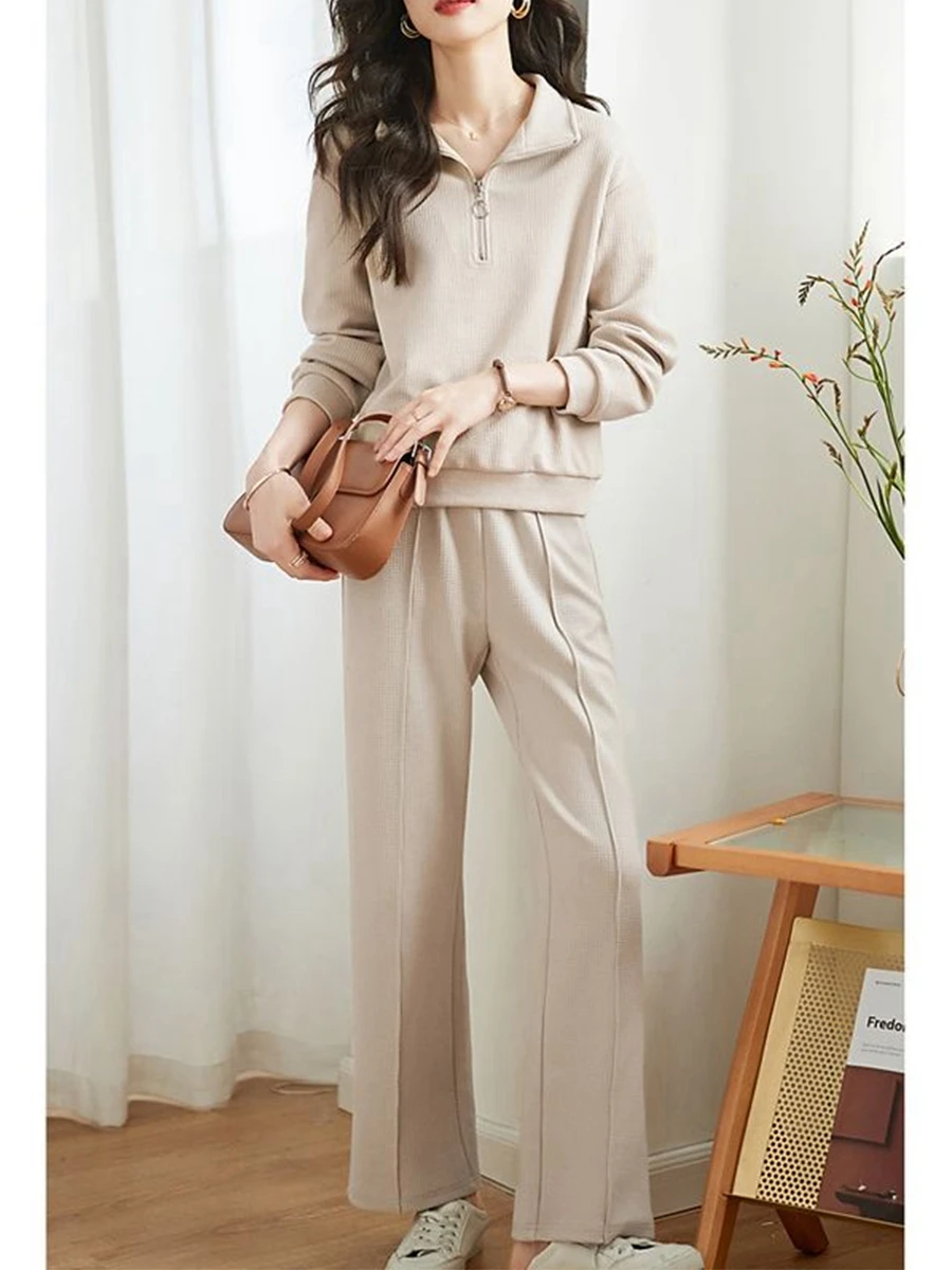 Fashionable Texture Casual Two-Piece Set Spring Autumn New Simple Collar Sweatshirt Elastic Waist Women's Suit Polyester Long...