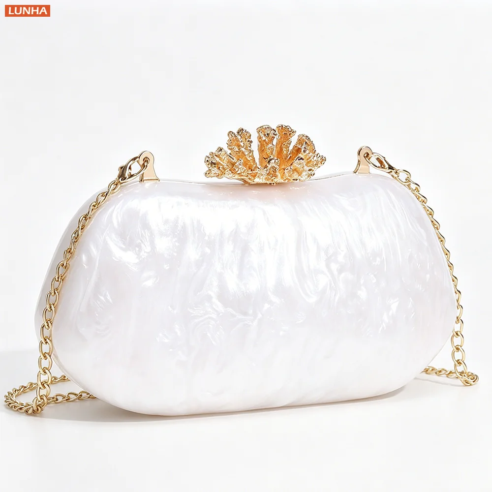 Luxury Pearl Effect Shell Clutch Bag Resin Hardshell Evening Crossbody Purse with Detachable Chain & Coral Clasp For Women Party