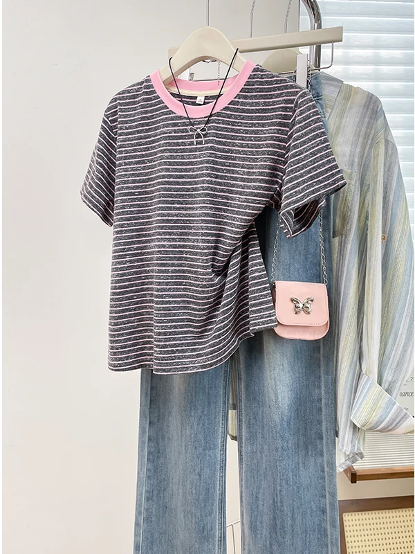 

Летняя винтажная футболка свободного кроя в полоску, женская ор Све круглая блузка Ne Color Blo из смеси хлопка, модная универсальная белая ...