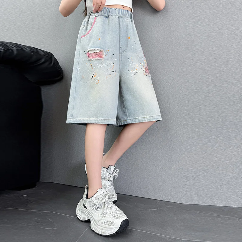 Kids Ripped Denim Shorts with Hole For Girls Casual Summer Graffiti Design Broken Short Pants Child Cool Drawings Bottoms 5-14Y