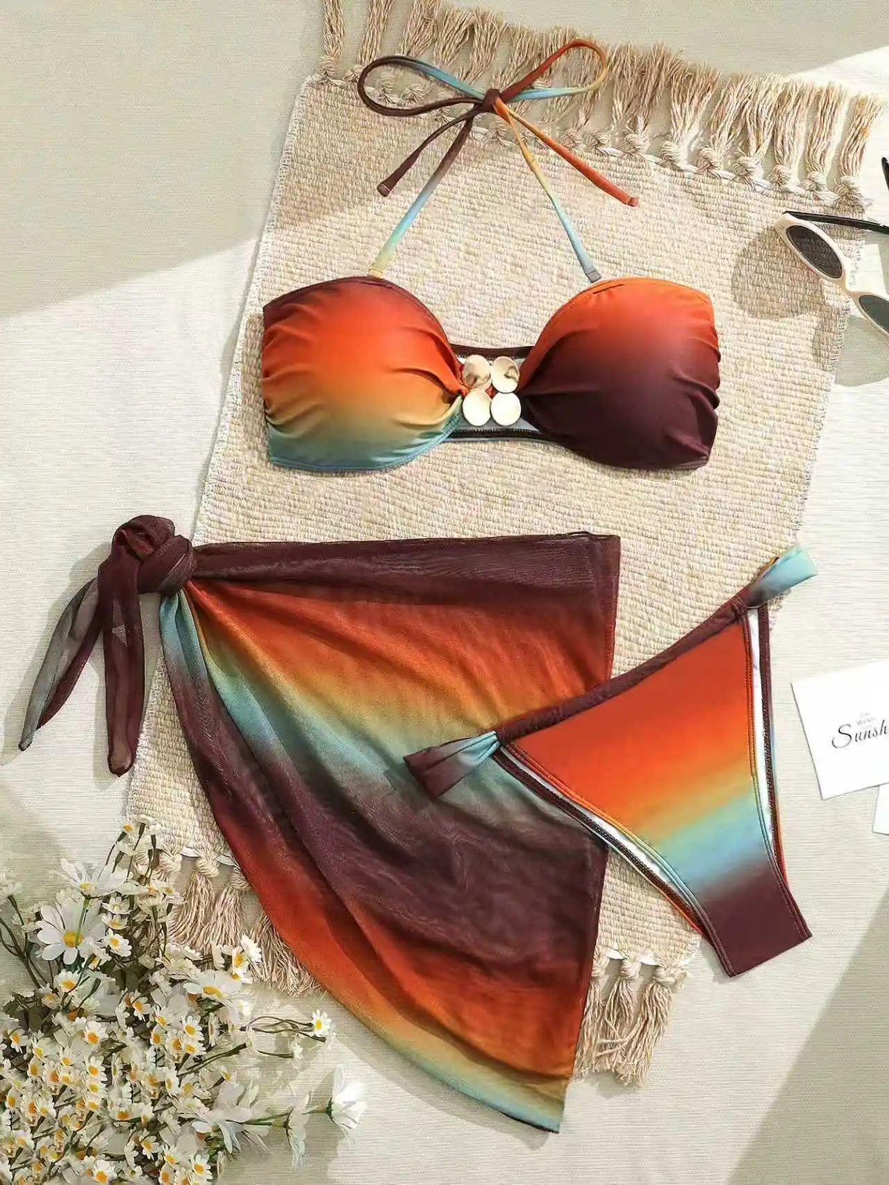 sexy Gradient bandeau bikinis sets 3pcs swimwear with mesh cover skirt bathing suit swimsuits biquini tankini trikini