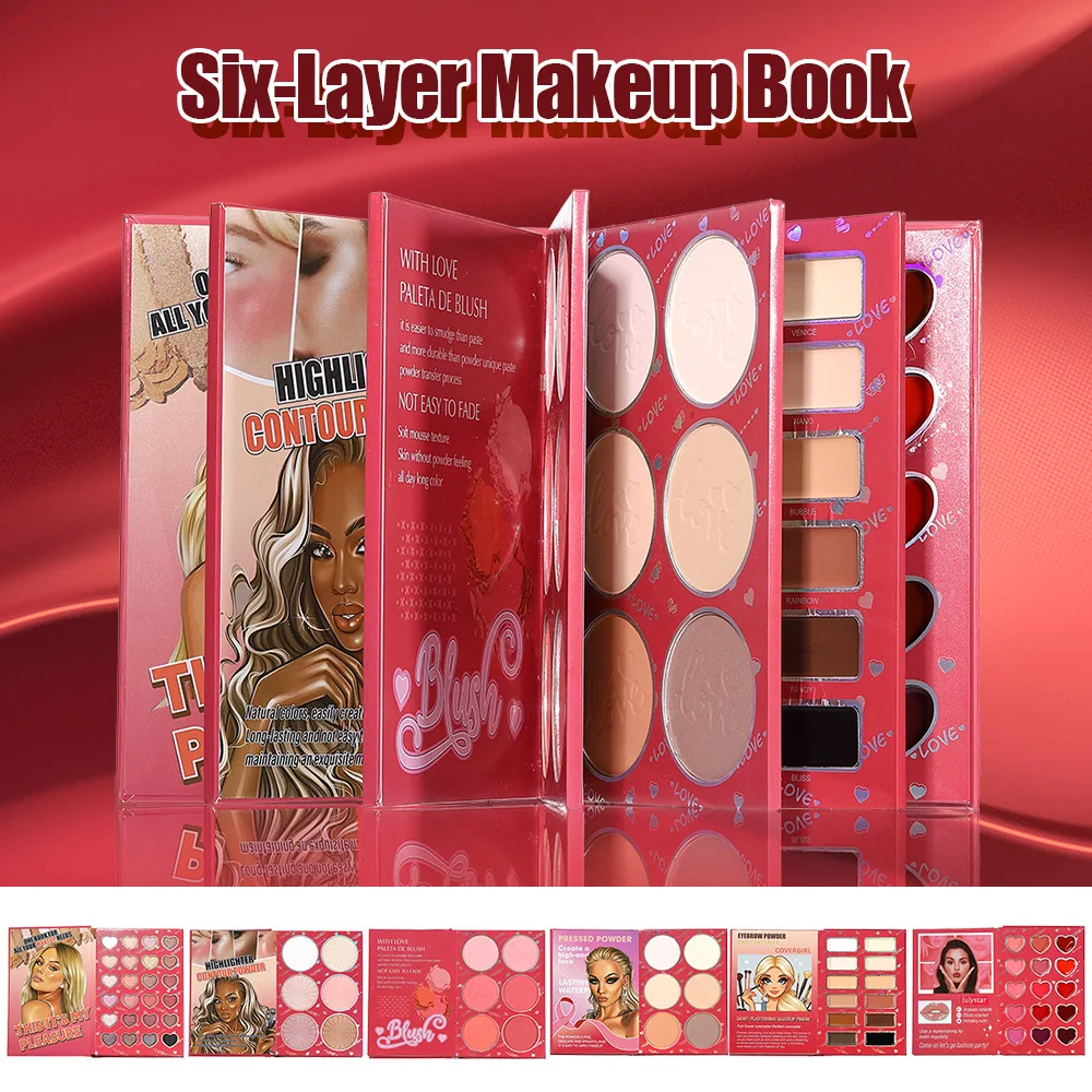 6-in-1 Makeup Palette Book – All-in-One Folding Kit with Eyeshadow, Blush, Highlight & Lip Care, Compact Portable Makeup Set
