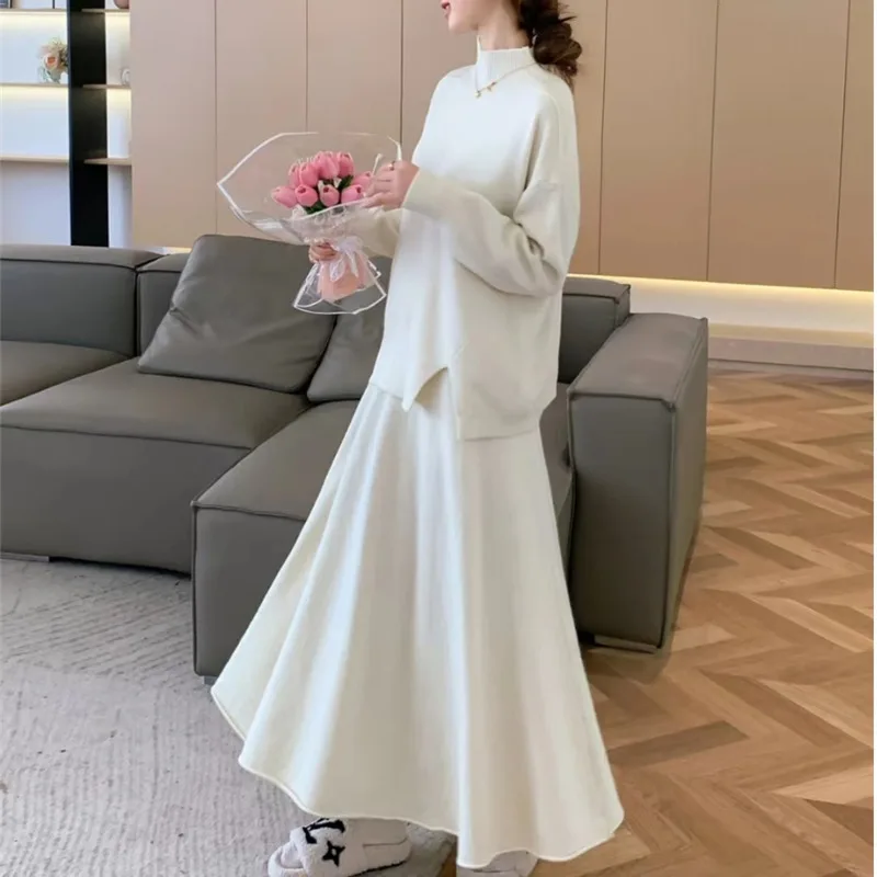 High Quality Lazy Fashion Casual Knitted 2 Piece Set Women Loose Pullover Tops + Long Skirt Sets Ladies Sweater Two Piece Suits