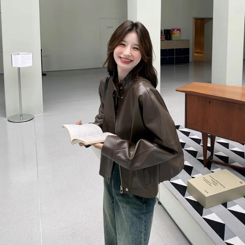 Jaqueta Feminina Vintage de Couro PU, Moda Casual, Outono Inverno, Corta-Vento com Zíper, Streetwear, Blazer Feminino, Roupa Nova