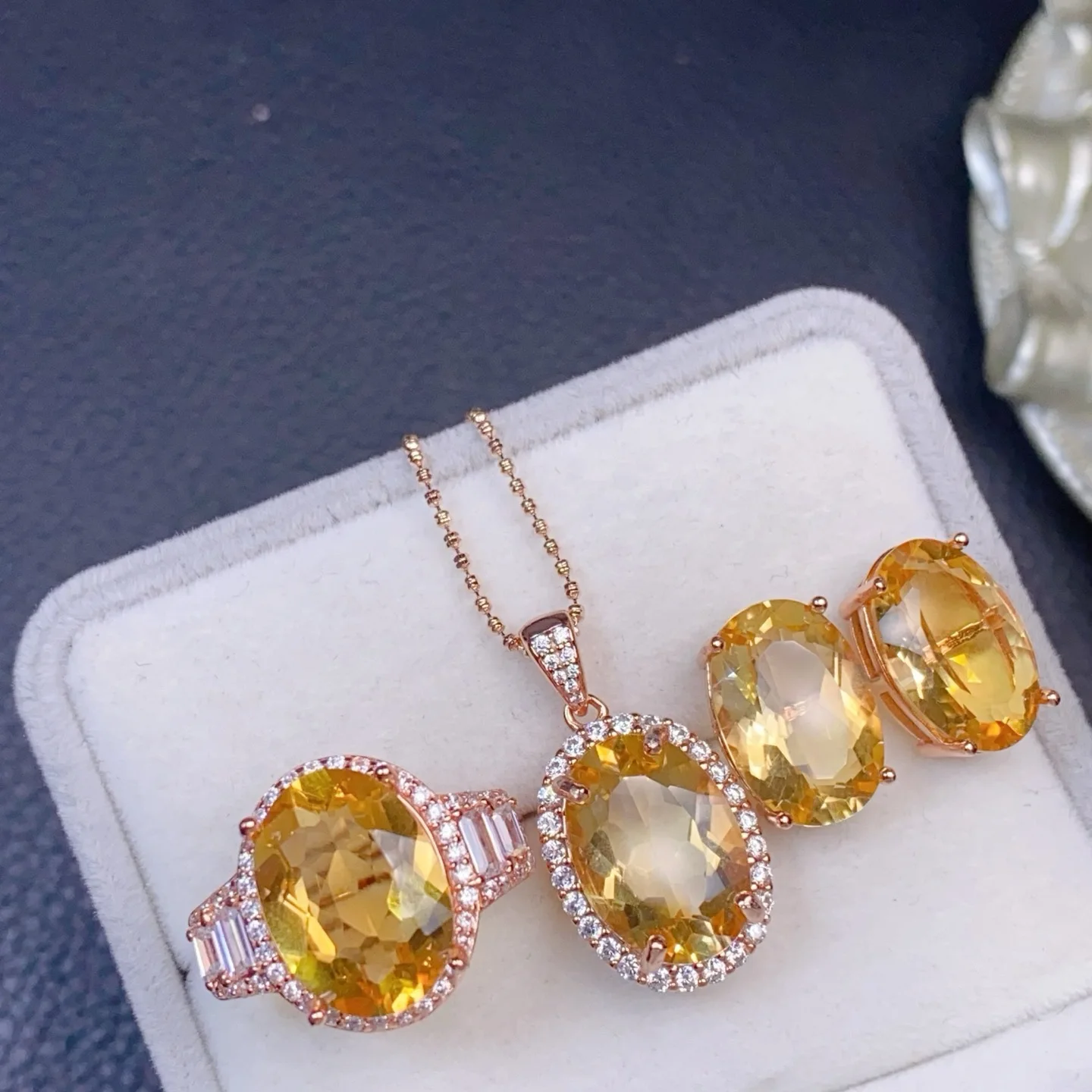 10x14mm Natural Citrine Jewelry Set, S925 Sterling Silver Ring Necklace Earrings, Genuine Wealth Attracting Yellow Gemstone Gift