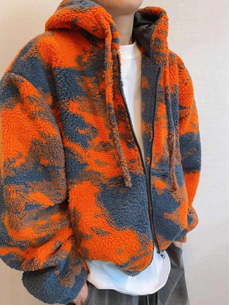 Chaqueta Sherpa Retro de invierno para hombre, abrigo de piel con capucha de gran tamaño naranja, ropa de calle gruesa y cálida, Parkas forradas de lana
