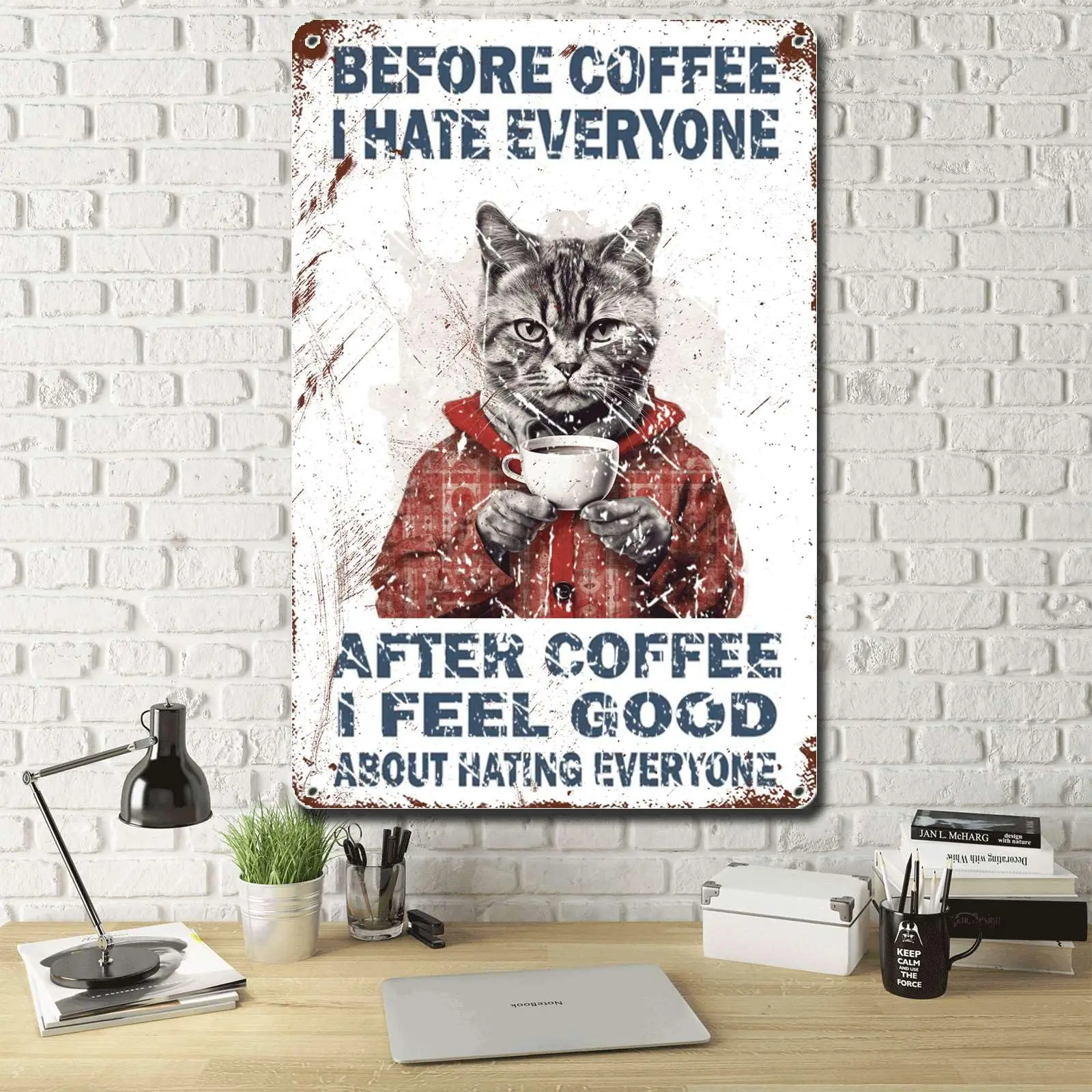 Lygond Metal Sign Tin Sign Vintage Wall Art Cat Coffee Before Coffee I Hate Everyone After Coffee I Feel Good About Hating Evero