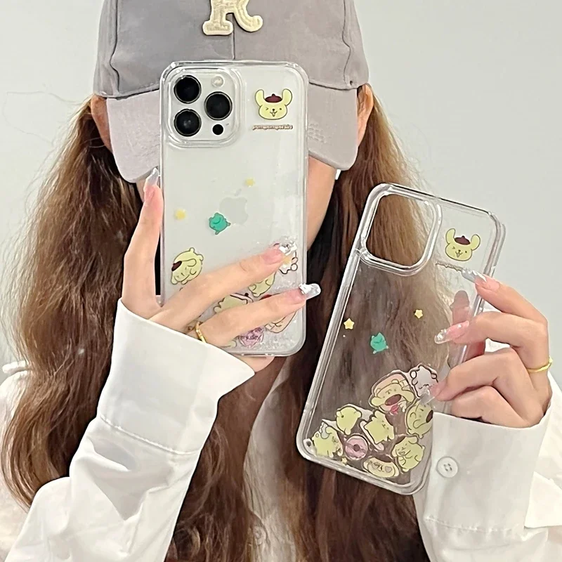 Cute Cartoon Sanrio Pompompurin Bling Glitter Quicksand Phone Case For iPhone 15 14 13 12 11 Pro Max Clear Hard Back Cover