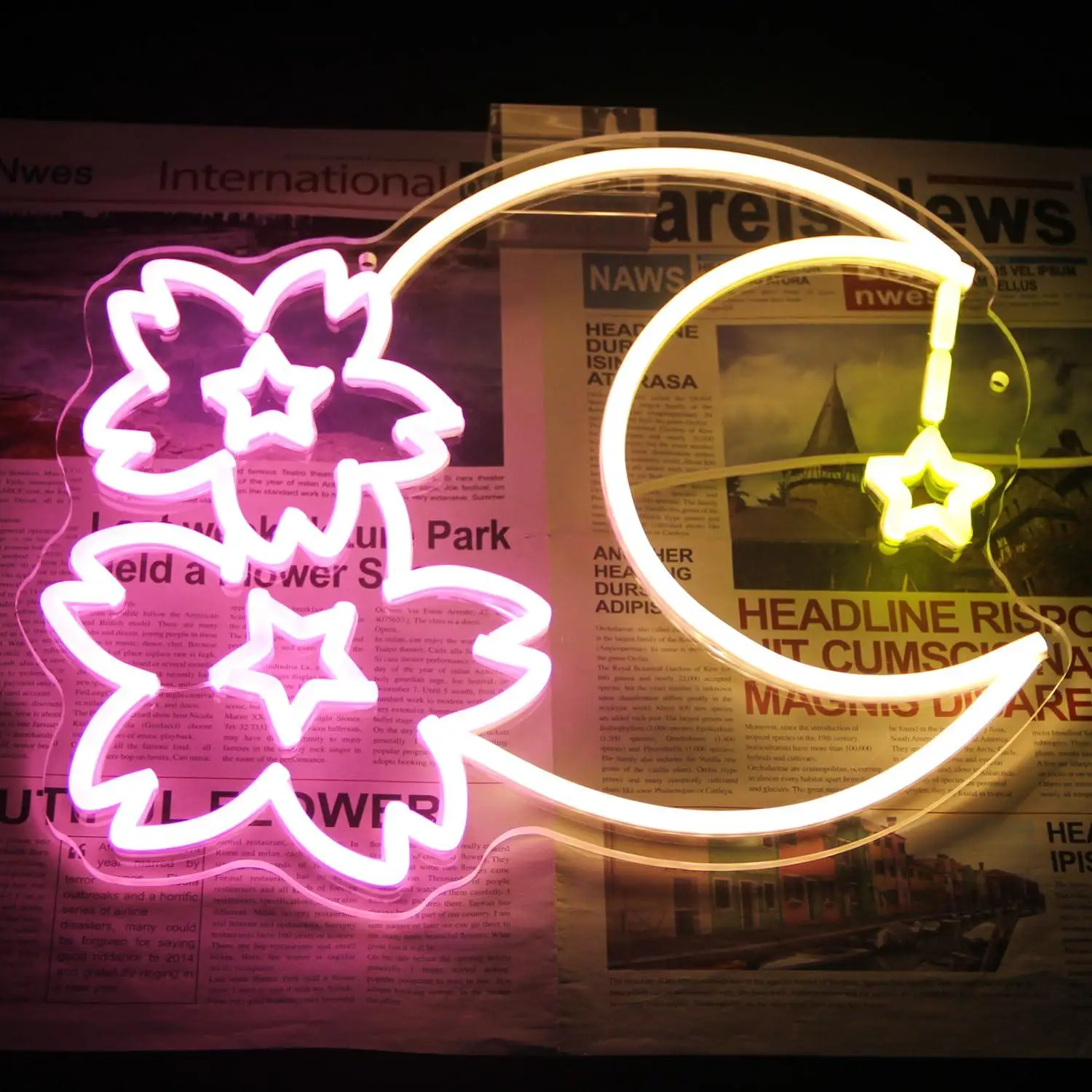 Sakura Moon Star Neon Signs Cherry Blossom USB Dimmable LED Neon Lights for Bedroom Living Room Dorm Decoration Girls Gifts