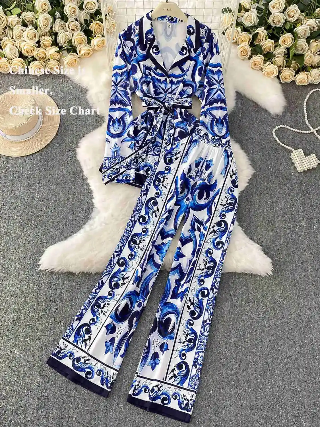 

Autumn Muslims Casual Two Piece Set Women Purple Shirts Pocelain Print Jacket + Elastic Waist Wide Leg Pants 2pcs Outfits