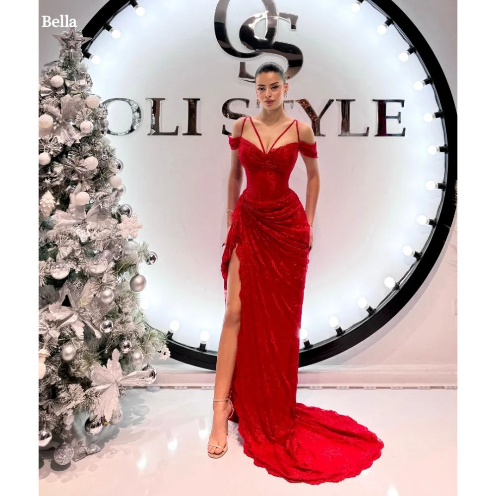 

Bella Customized Red Spaghetti Strap Side Slit robes de soirée Lace Strapless Party Dresses Floor-Length Mermaid Prom Dress 2024