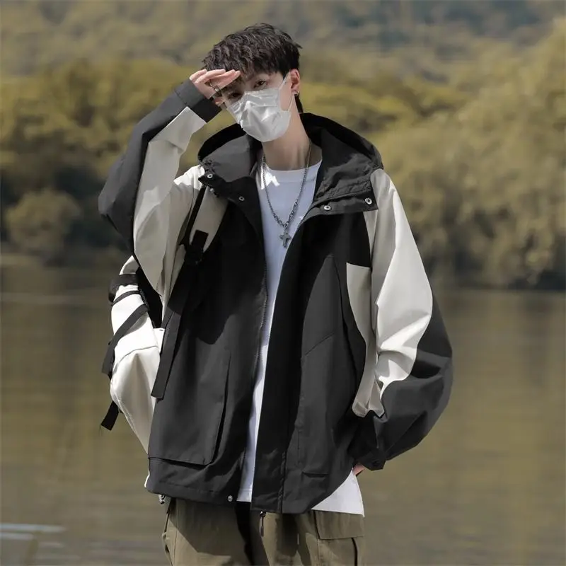 

Retro Workwear Jaet Autumnal Loose Fit Outdoor Functional Hip Haome Hooded Patchwork Fce-Lined Men's Coat