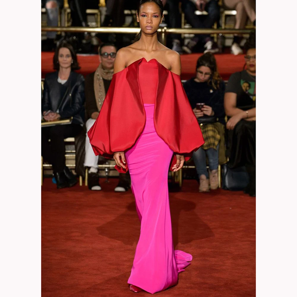 

Hot Red Pink Women Dresses Off-shoulder Customized Warm Fiery Color Gowns Elegant Ravishing Formal Evening Party Dresses