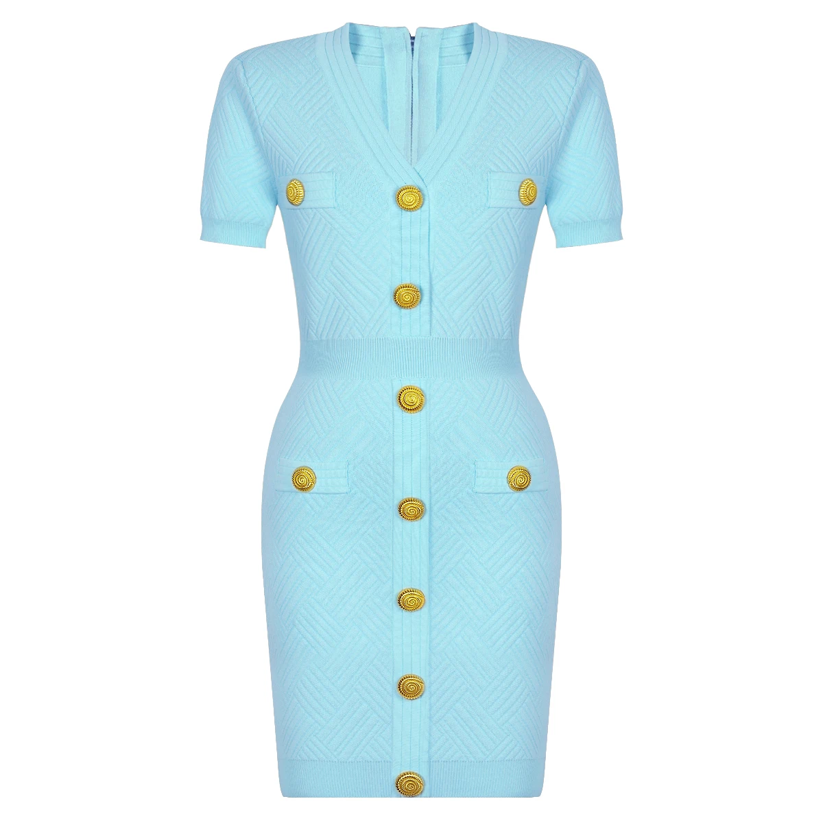 

High Quality Elastic Knitted New Fashionable Plaid V-neck Conch Button Short Sleeved Slim Fit Temperament Short Women's Dress