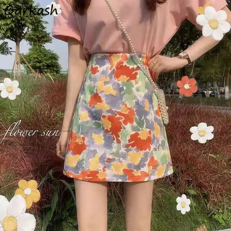 

Skirts Women Mini Tie Dye Floral Printed A-line All-match Korean Style Fashion High Waist Hip Wrapped Sweet Summer Romantic Chic