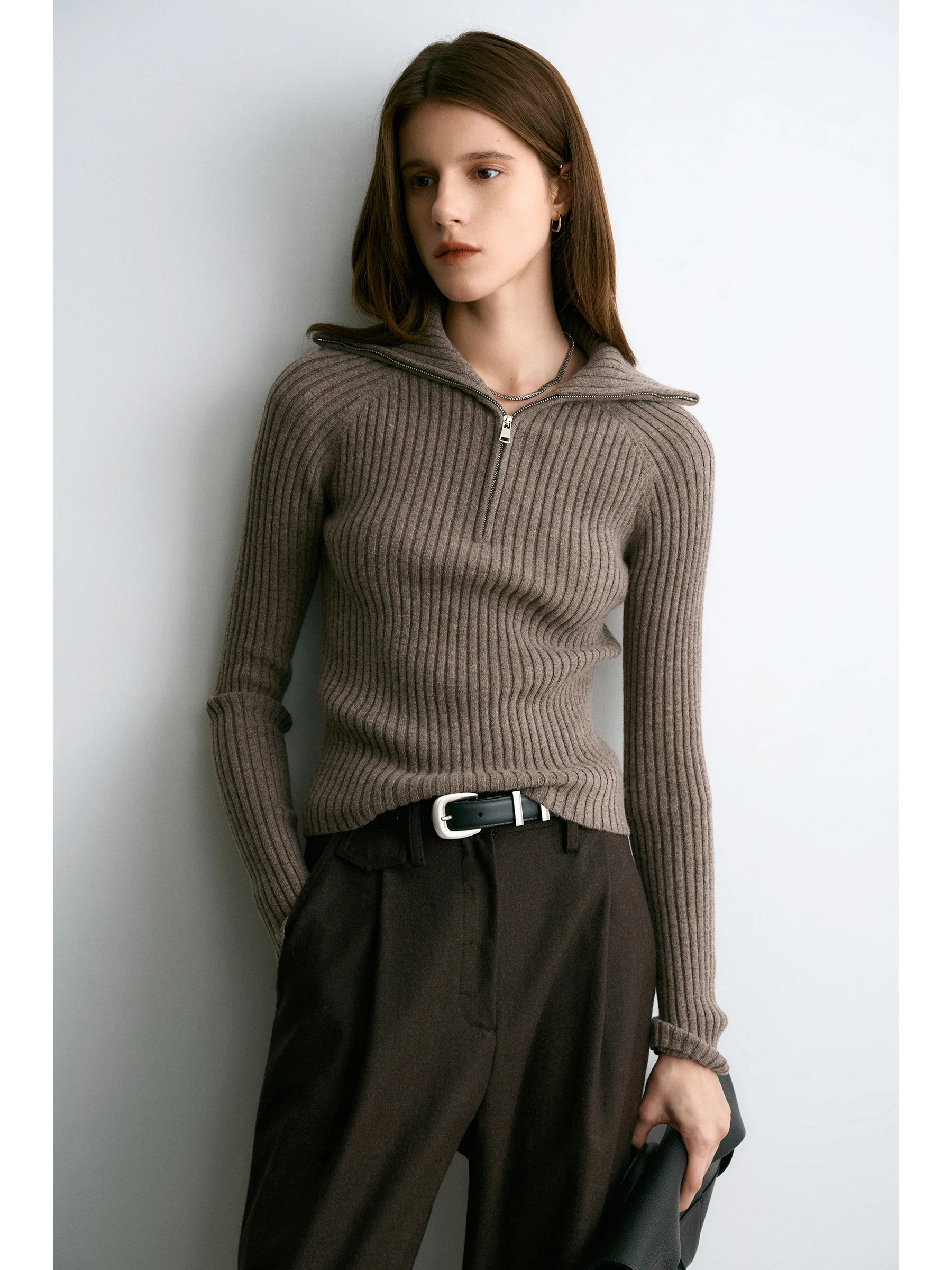 

Утепленный шерстяной вязаный топ с воротником на молнии, двусторонний, приталенный, модный, для повседневной носки, с длинными рукавами