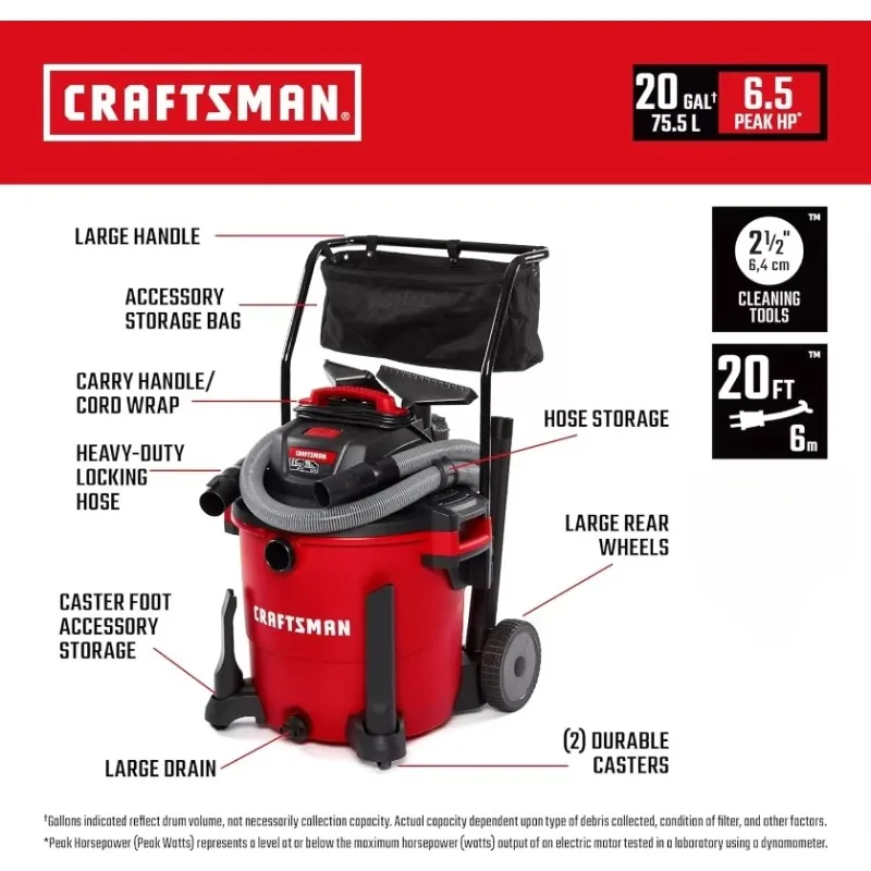 CRAFTSMAN CMXEVBE17656 20 Gallon 6.5 Peak HP Wet/Dry Vac with Cart, Heavy-Duty Shop Vacuum with Attachments for Shop, Garage