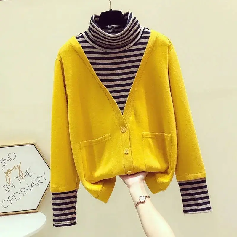 

Korean Casual Striped Spliced Turtleneck Tops Female Fake Two Pieces Long Sleeve Pullovers T-shirt Fashion Women's Clothing 2023