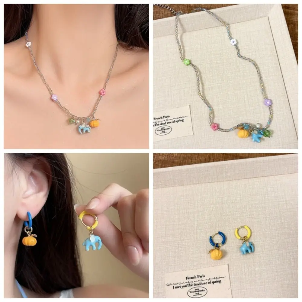 

Chain Choker Elephant Pumpkin Stud Earrings Halloween Acrylic Alloy Elephant Pumpkin Necklace Bohemian Korean Chic