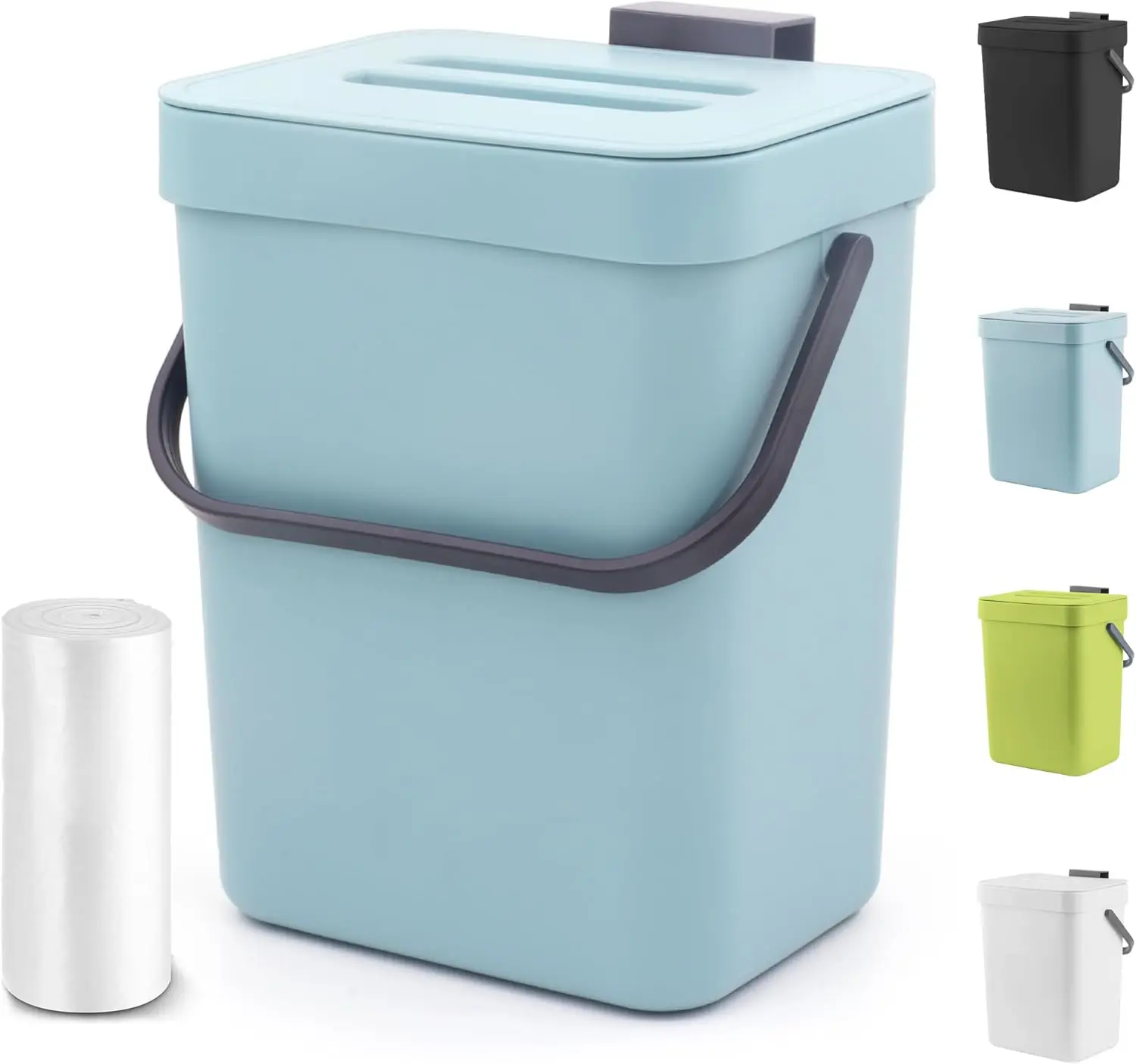 

5L Kitchen Trash Can with Lid - Hanging Under Sink Waste Bin for Cabinet Door, Small Garbage Can for Desk, Subtle Blue