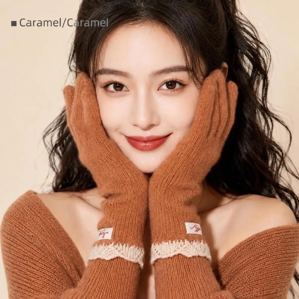 Comfortable Lace Cuff Open Tip Touch Screen Gloves Warm Winter One Size Wool Blend Gloves Long Knitted Gloves For Cycling