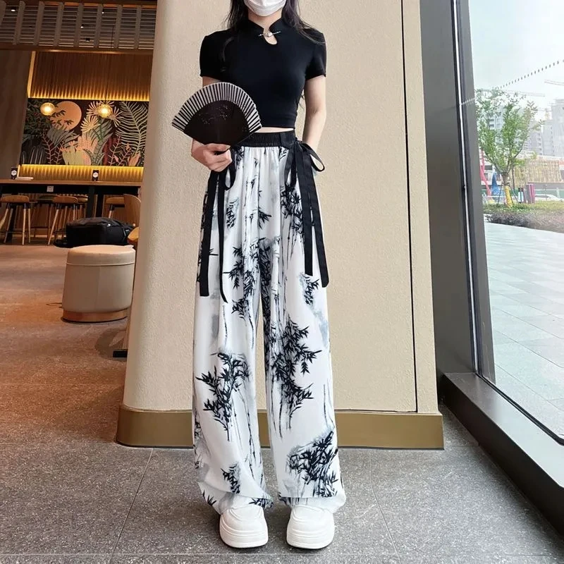 Women\'s Thin Casual Ice Silk Chiffon Wide Leg Pants 2024 Summer New Style Strap Drop Straight Tube Floor Trousers Korean Women