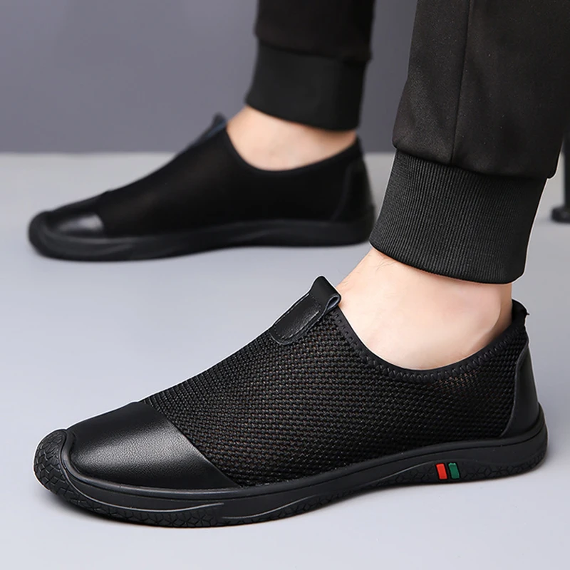 Zapatos planos de malla transpirable para hombre, zapatillas ligeras informales para caminar, ahuecadas, calzado sin cordones para conducir, mocasines hechos a mano