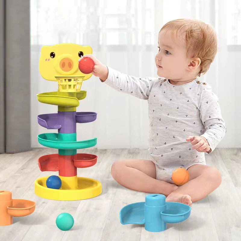 Montessori Baby Toys Sliding Rolling Balls Pile Tower Stacking Early Educational Puzzle Rotating Spin Track Toy Toddlers Gifts