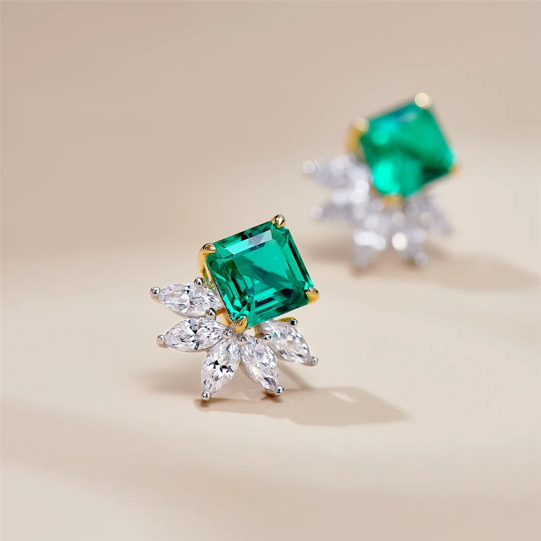 Cultivated Emerald Square Diamond Stud Earrings 1.5 Carat Square Lab Emerald Earrings S925 Silver Earrings