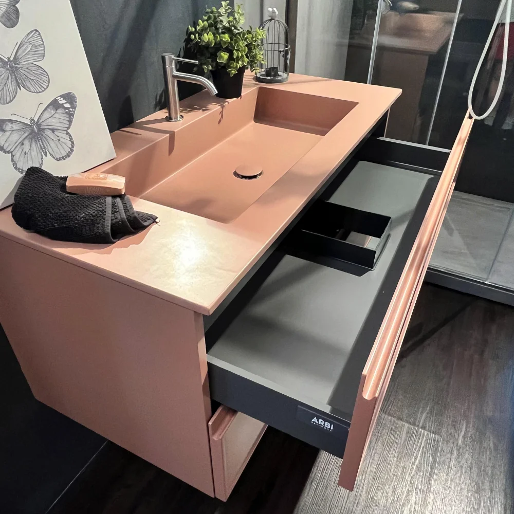 100% Made Italy Modern Elegant Luxury Pink Bathroom Vanity Double Drawers Integrated Colored Resin Sink Matching Mirror Wall