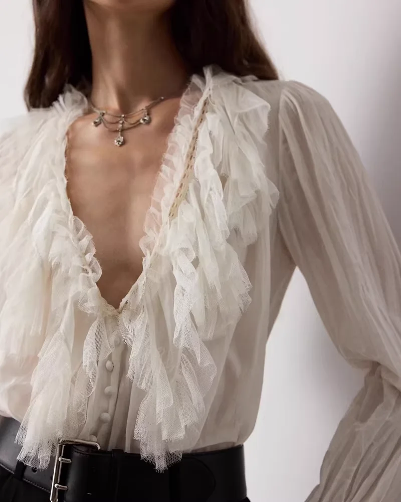 

Sexy Ladies White Shirt 2026 Summer Silk Top Ruffles Fashion Women's V-Neck Puff Sleeve Blouse
