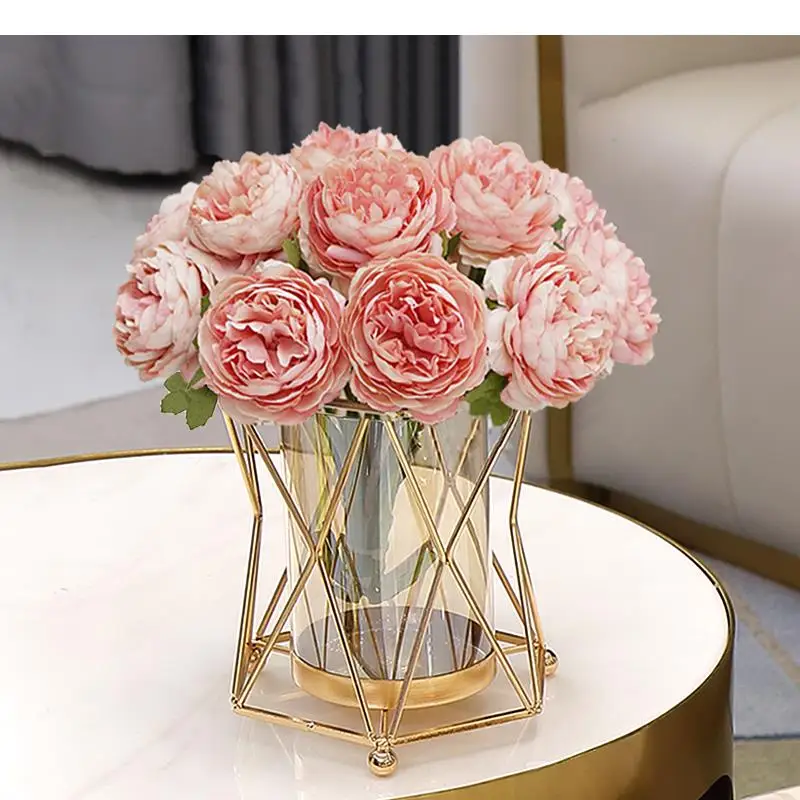 Creativity Glass Vase Transparent Geometry Golden Metal Frame Flower Arrangement Hydroponics Wedding Accessories