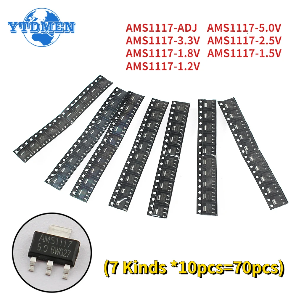 70PCS AMS1117 Voltage Regulator Kit SOT-223 AMS1117-3.3V AMS1117-ADJ AMS1117-5.0V AMS1117-2.5V AMS1117-1.8V AMS1117-1.5V 1.2V-5V