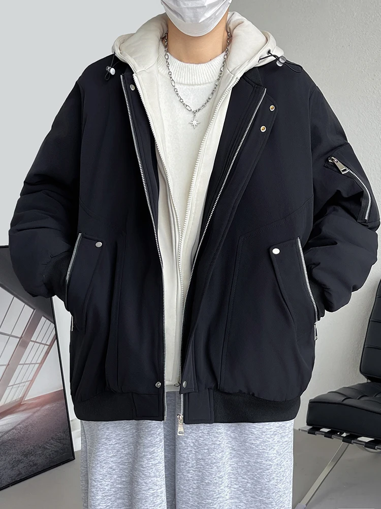 2024 New Korean Winter Men\'s Parkas Warm Jacket Fake 2 In 1 Zip Pockets Hooded Windbreaker Thermal Padded Jackets Big Size 8XL