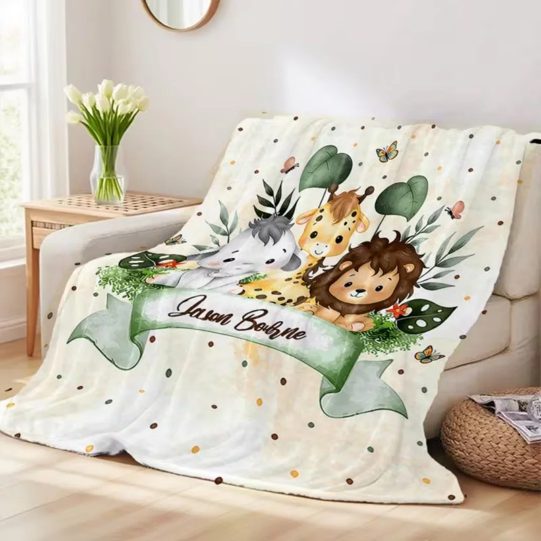 Custom Name Text Jungle Animal Flannel Blanket, Soft Light Digital Print Throw with Giraffe Zebra Lion Design