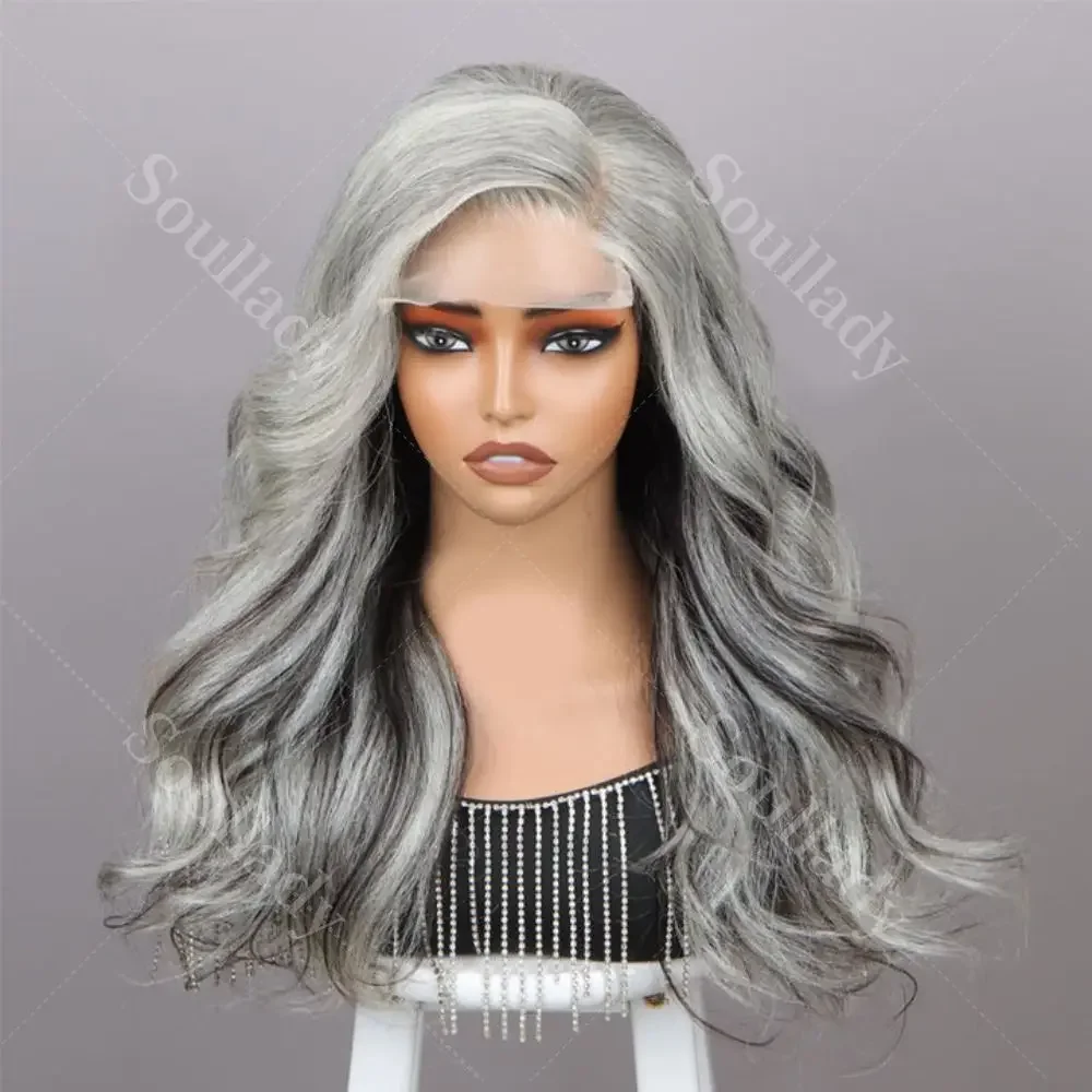 

Soul Lady Attractive Salt And Pepper Wig Real Silver/Black Highlights Closure 5x5 HD Lace Body Wave Wigs Human Hair For Women
