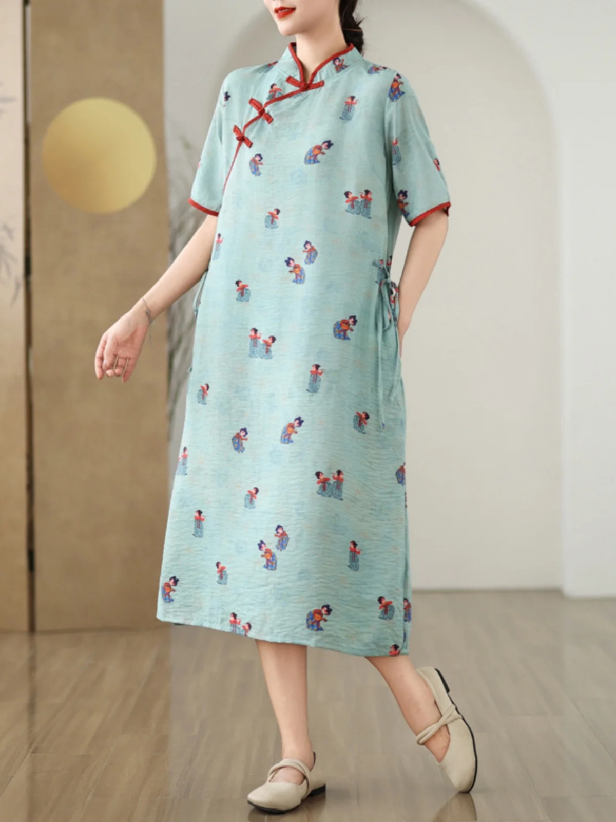 Nueva tendencia nacional china Sle Lino ort Sve Mujer Dr Verano Estampado retro Botón lateral Algodón Lino Mejorado Cheong...