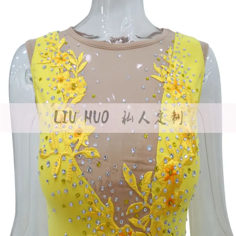 LIUHUO Figure Skating Dress Women's Girls' Ice Performance Yellow Sleeveless Rhythmic Gymnastics Competition Leotard Roller Kid
