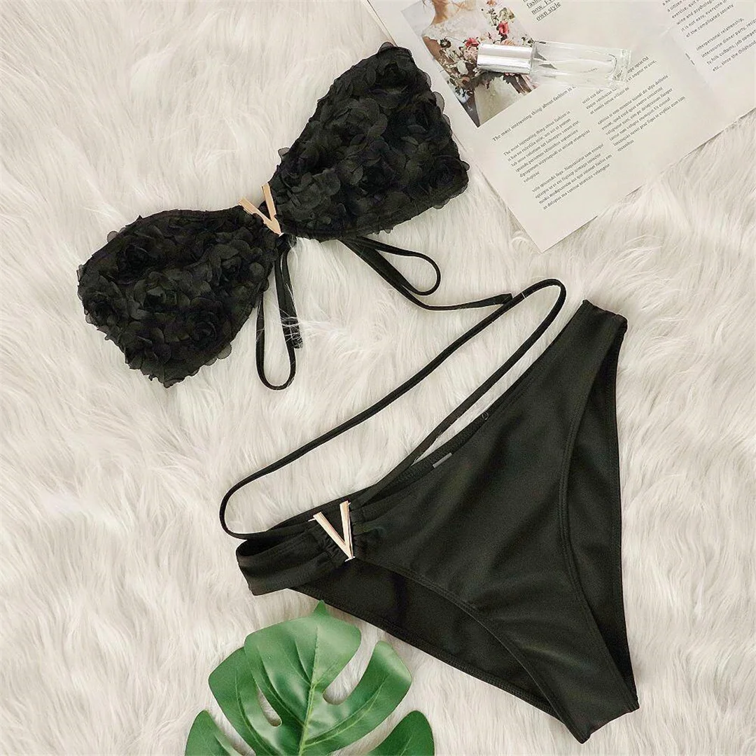 Sexy 3D-Blumen-Bandeau-Bikini mit hohem Beinausschnitt, zweiteiliger Bikini-Set für Damen, Badeanzug, Badebekleidung, Badeanzug, Schwimmbikini V6547 – Detail 7