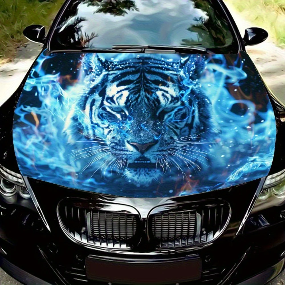 Lightning Flame Tiger Sticker For Car Hood - High Quality Heat Resistant Vinyl, Lightning Flame Tiger Design Suitable For Cars,