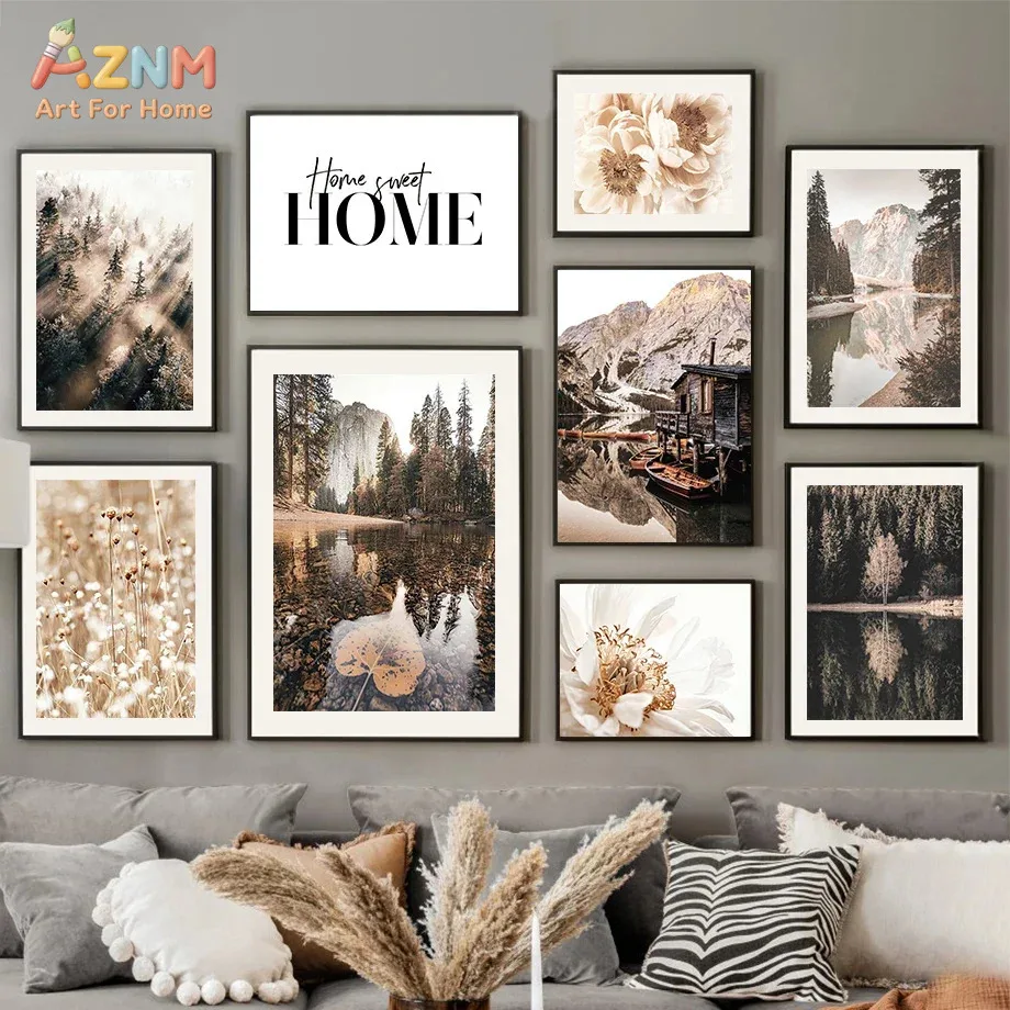 AZNM Neutral Mountain Forest Lake Scenery Canvas Wall Art Home Sweet Home Text Dried Flower Nature Landscape Print Boho Warm Ton