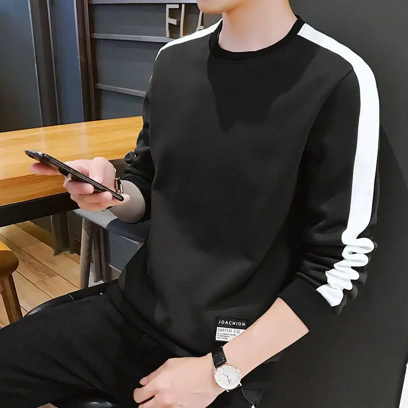 Basic Solid Color Spliced Sweatshirts Korean Long Sleeve Spring Autumn Casual O-Neck Men's Fashion Patch Designs Loose Pullovers