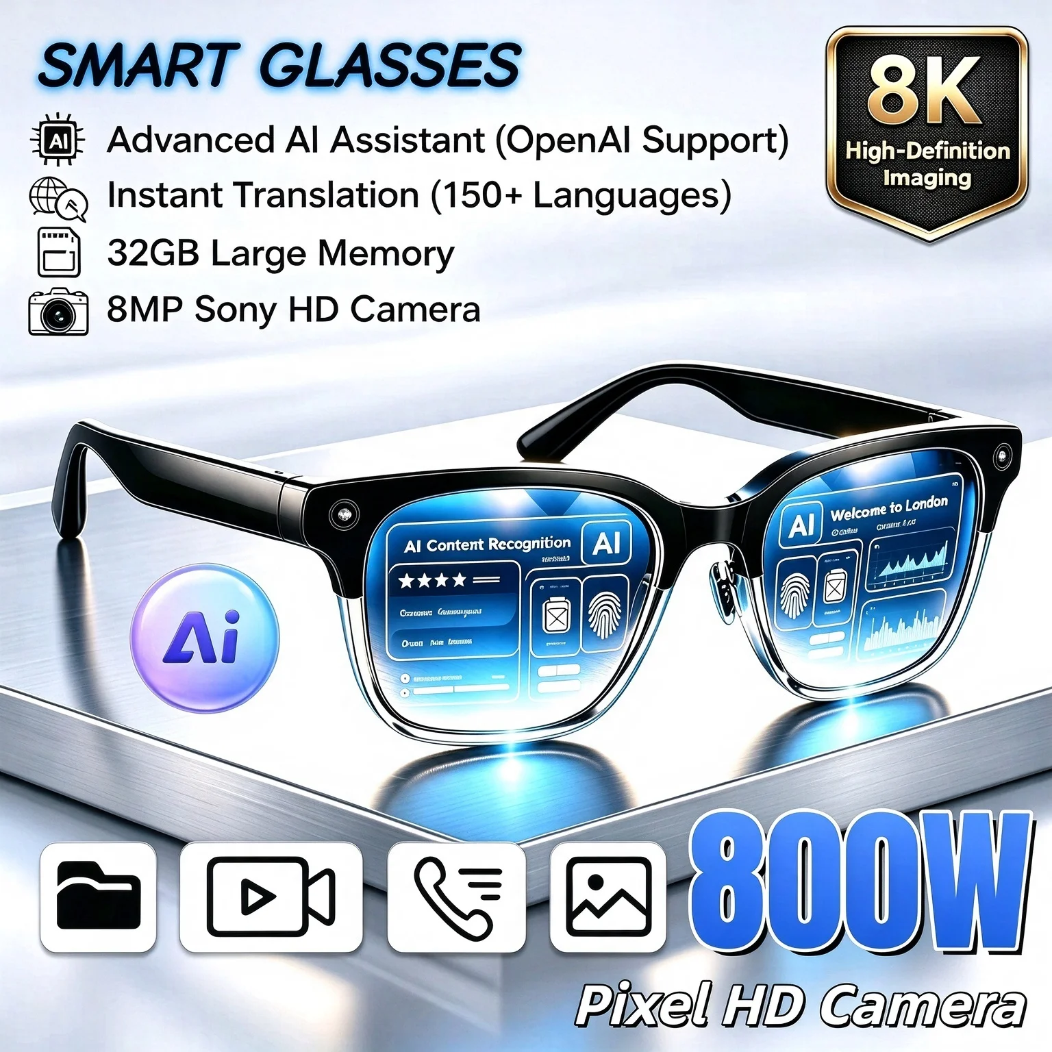 2026년형 최신 스마트 AI 안경, 800W HD 카메라, 8K 화질 촬영, 이미지 및 비디오 녹화, 음성 통화, 번역 기능, 블루투스 연결, AI 기능이 탑재된 오토바이용 안경