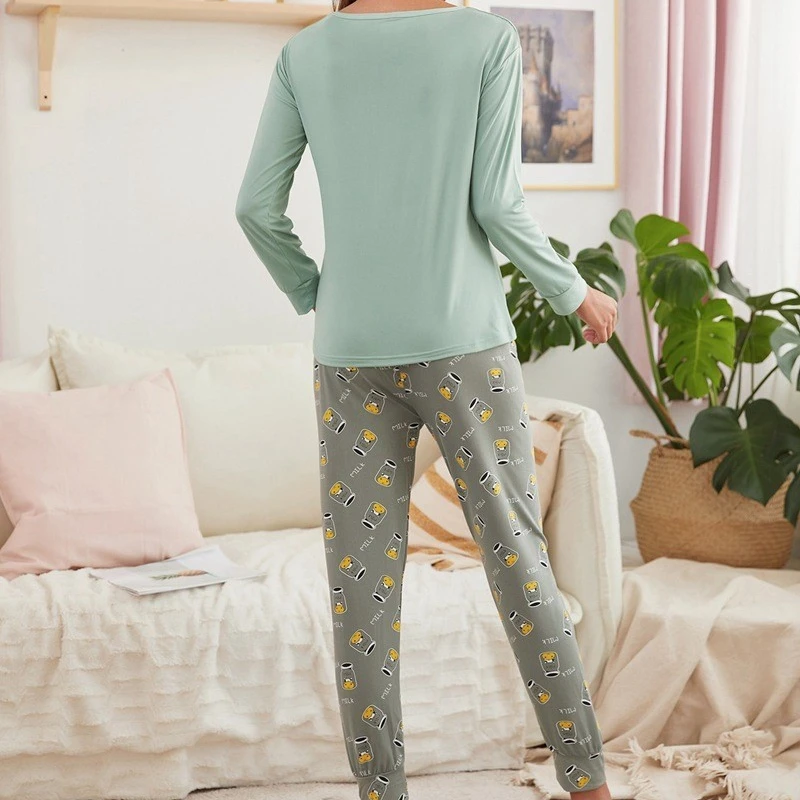 Green Milk Cow Women Pajamas Sets Autumn Winter Long Sleeves Long Pants Casual Sleepwear Cozy Pyjamas Soft Pijamas Girl Pjs Cute